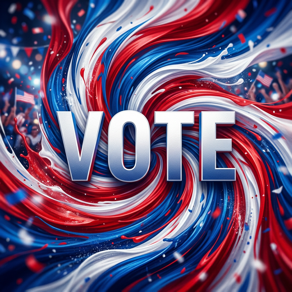 VOTE text over swirling red, white, and blue patriotic design