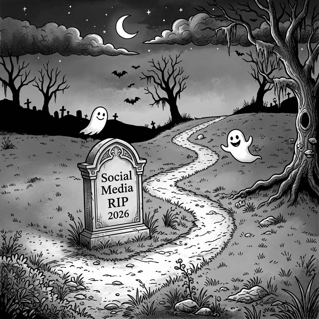 Black-and-white Halloween cemetery with ghosts, tombstones, bats, and a chapel